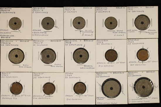 15 BELGIUM ERROR COINS: DATES FROM 1905-1954,