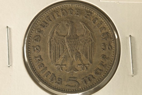 1936-A GERMAN SILVER 5 MARK .4016 OZ. ASW