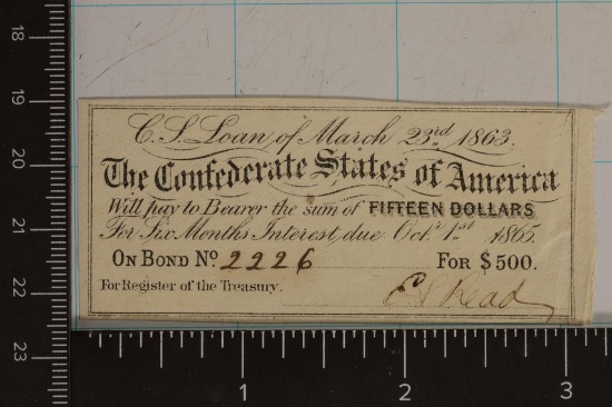 1865 CONFEDERATE STATES OF AMERICA $15 BOND