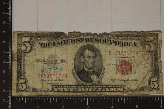 1953-B US $5 RED SEAL BILL (TOUGHER SHAPE)