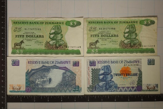 4 ZIMBABWE COLORIZED BILLS: 2-1983 $5 AND 2-1997-