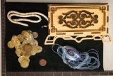 ENGRAVED WOODEN CHEST WITH GLASS PENDANT, BEAD