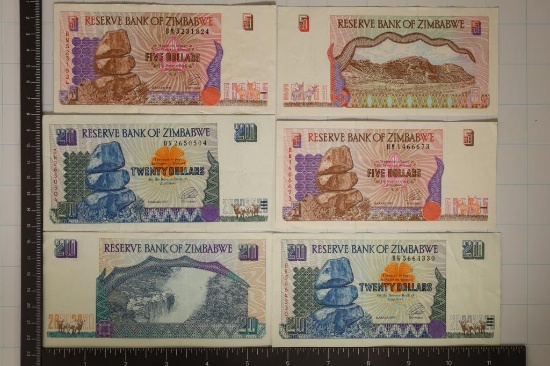 6-1997 ZIMBABWE CRISP BILLS: 3-$5 & 3-$20