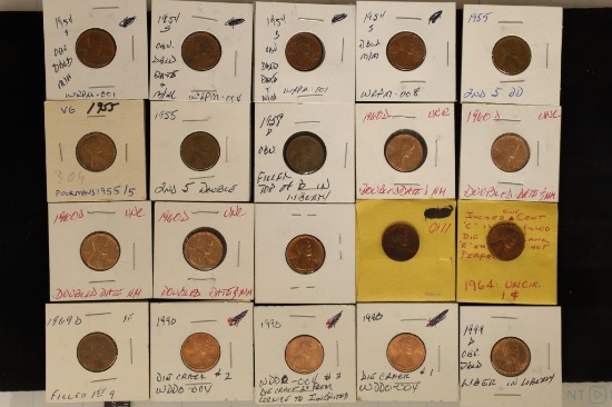 20 ERROR LINCOLN CENTS: 1954-1999 MANY BU'S MOSTLY