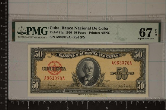 1950 CUBA 50 PESOS PMG 67 SUPERB GEM UNC