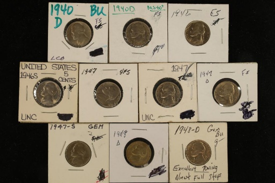 10 BRILLIANT UNC JEFFERSON NICKELS: 1940-48-D