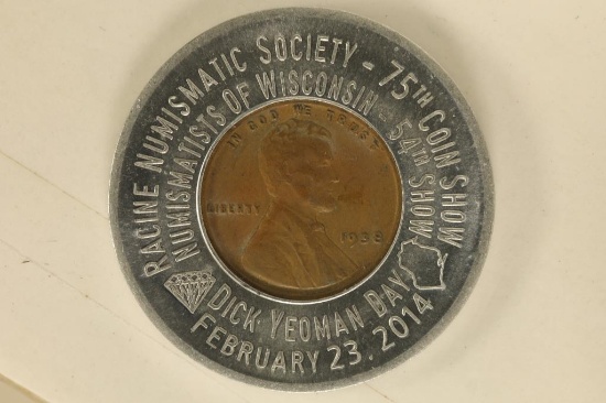 ENCASED 1938 LINCOLN WHEAT CENT.  2014 RACINE