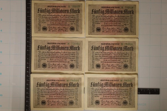 6-1924 GERMAN 50 MILLION MARK BILLS 5-CU & 1-AU
