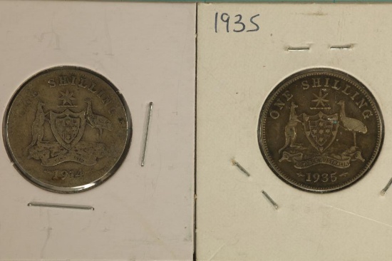 1914 & 1935 AUSTRALIA SILVER 1 SHILLING COINS