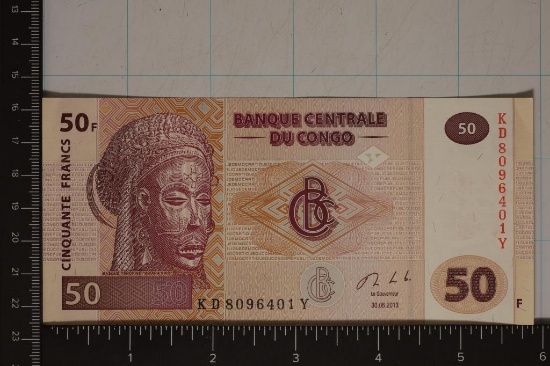 2013 CONGO 50 FRANCS COLORIZED CU BILL