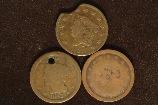 3 ALTERED US LARGE CENTS: 1833 (CLIPPED EDGE),