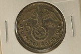 1936-D GERMAN SILVER 5 MARK WITH SWASTIKA