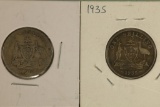 1914 & 1935 AUSTRALIA SILVER 1 SHILLING COINS