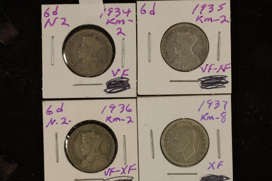 1934, 35, 36 & 1937 NEW ZEALAND SILVER 6 PENCE