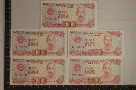 5-1988 VIETNAM 500 DONG CRISP UNC COLORIZED BILLS