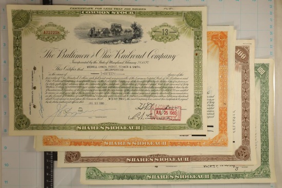 4 VINTAGE STOCK CERTIFICATES BALTIMORE AND OHIO