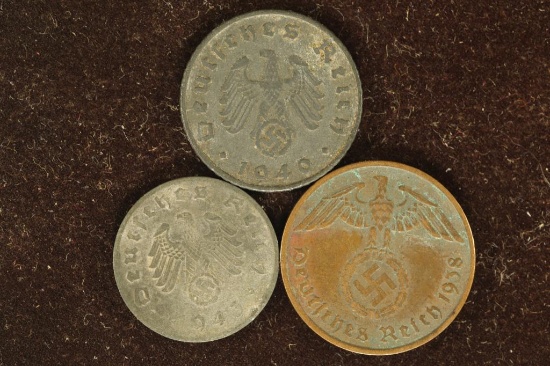 3 GERMAN PFENINGS WITH SWASTIKAS: 1943D 1- PFENING
