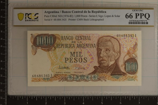 ARGENTINA 100 PESO CRISP UNC BILL PCGS 66 PPQ GEM