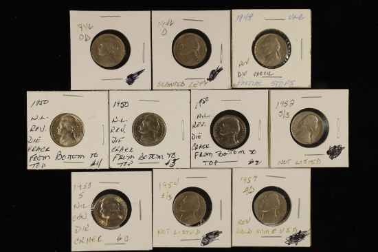 ERRORS- 10 JEFFERSON NICKEL ERROR COINS: 1946-1957