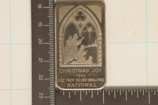 1 TROY OZ .999 FINE SILVER PF INGOT 1984 CHRISTMAS