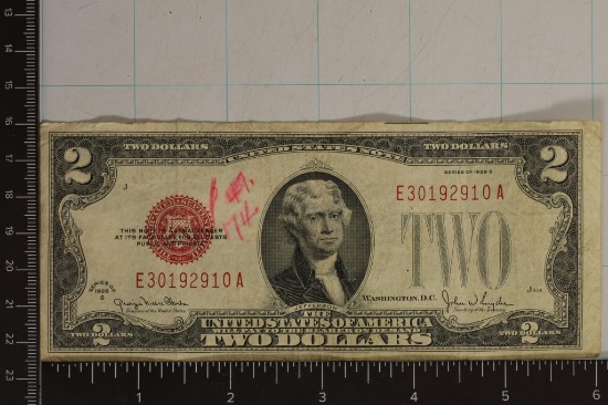 1928-G US $2 RED SEAL NOTE INK ON THE OBVERSE