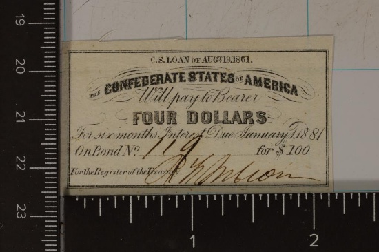 1861 CONFEDERATE STATES OF AMERICA $4 BOND PAYMENT