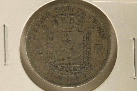 1867 BELGIUM SILVER 2 FRANCS .2685 OZ. ASW