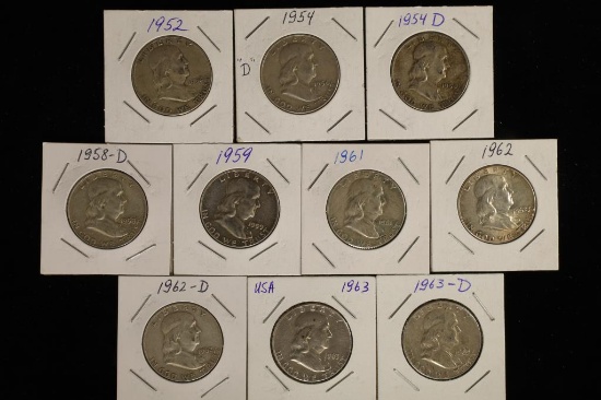 10-SILVER FRANKLIN HALF DOLLARS: 1952, 2-1954-D,