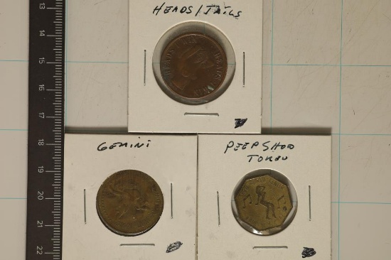 3-ADULT THEMED METAL TOKENS: FLIPPER TOKEN,