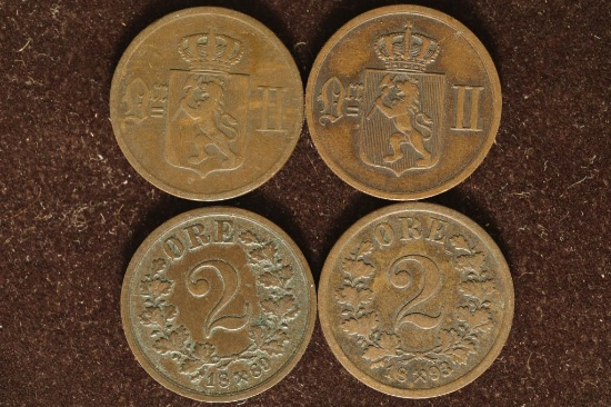 1876, 77, 89 & 1893 NORWAY 2 ORE COINS