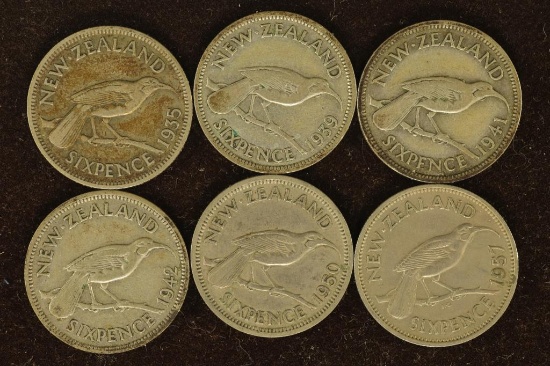 6-NEW ZEALAND 6 PENCE COINS: 4 SILVER-1935,