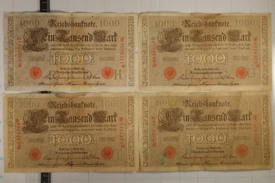 4-1910 GERMAN 1000 MARK BILLS, ONE WITH TEAR RT.