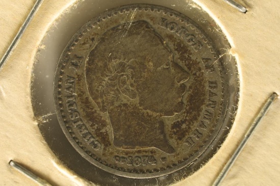 1874 DENMARK SILVER 25 ORE .0467 OZ. ASW