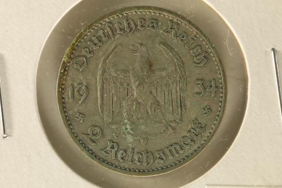 1934-G GERMAN SILVER 2 MARK WITH SWASTIKA