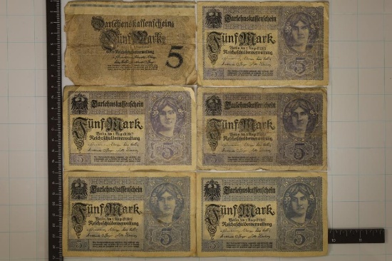 6-GERMAN BILLS: 5-1917 FIVE MARKS & 1-1914 FIVE