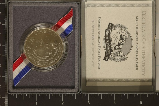 1991-P MT. RUSHMORE UNC US SILVER DOLLAR IN BOX