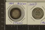 2-SILVER FOREIGN COINS: 1904 BELGIUM 2 FRANCS