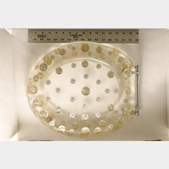 LUCITE COIN TOILET SEAT WITH SILVER COINS: