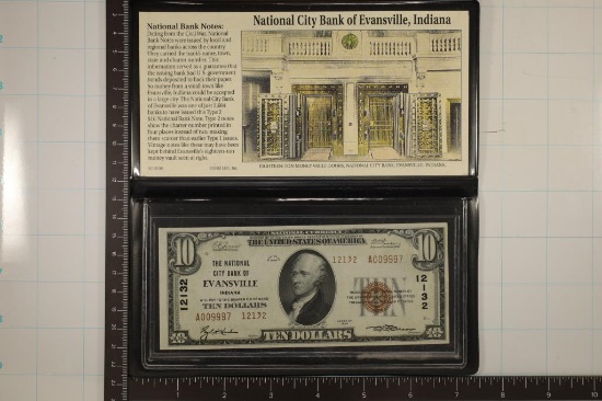 CRISP UNC 1929 US $10 NATIONAL CURRENCY EVANSVILLE