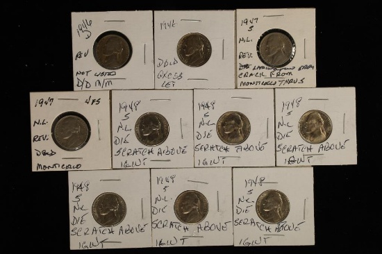 ERRORS-10 JEFFERSON NICKEL ERROR COINS: 1946-1948