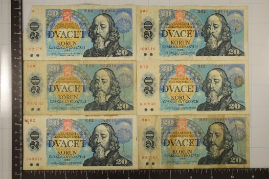 6-1988 CZECHOSLOVAKIAN 20 KORUN BILLS, ONE HAS