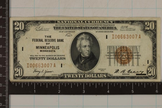 1929 US $20 NATIONAL CURRENCY "MINNEAPOLIS"