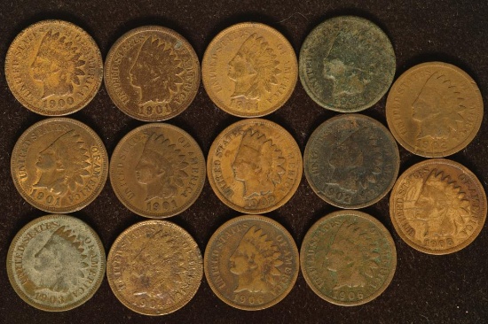 14 ASSORTED INDIAN HEAD CENTS: 1900-1908
