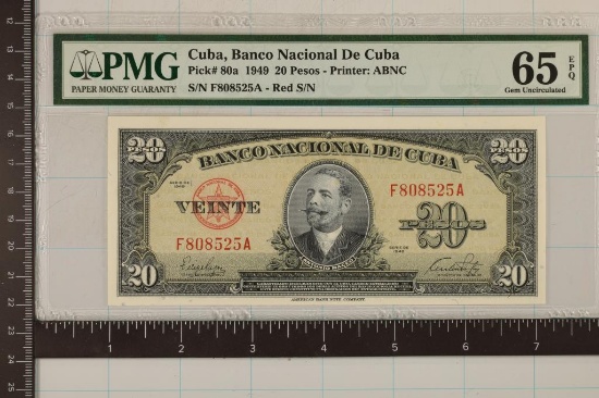 1949 CUBA 20 PESO BILL PMG GEM UNC 65 EPQ