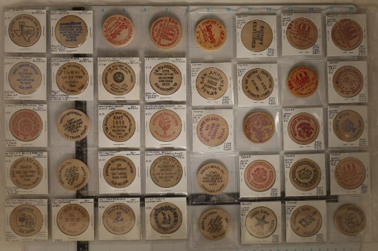 40 ASSORTED WOODEN NICKELS: GOOD YEAR TIRES, SAMBO