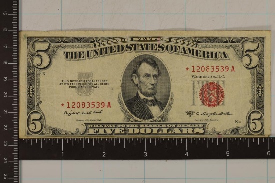 1953-B US $5 RED SEAL STAR NOTE MINOR MIS CUT ON