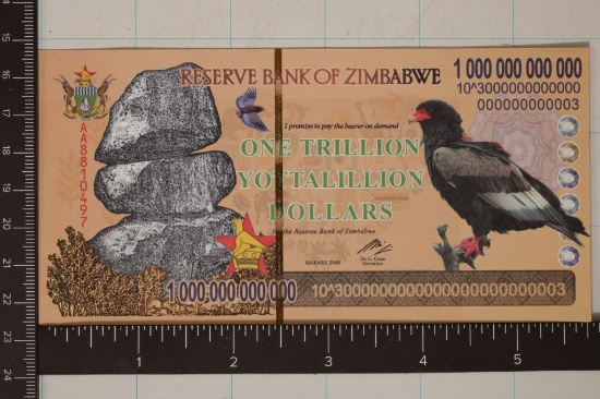 2008 ZIMBABWE 1 TRILLION YOTTALILLION DOLLAR