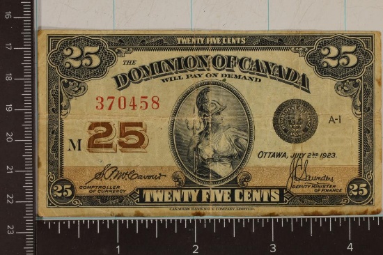 1923 DOMINION OF CANADA 25 CENT FRACTIONAL BILL