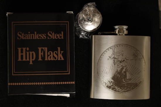 6 OZ. STAINLESS STEEL HIP FLASK WITH ENGRAVING OF