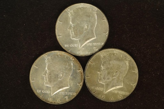 3-40% SILVER JOHN F. KENNEDY HALVES, 1966, 67 & 68